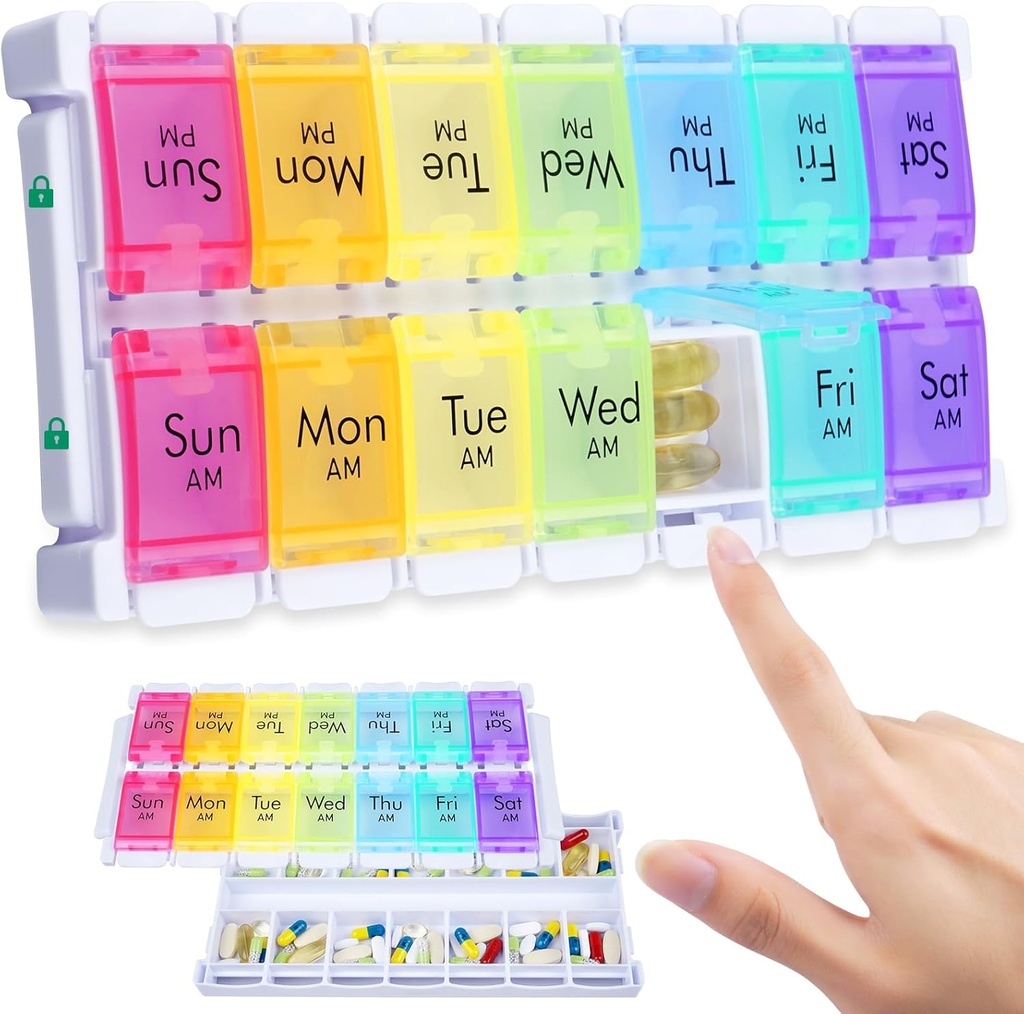 MERICARGO Weekly Pill Organizer 2 Times a Day, Easy Fill Large Pill Box 7 Day, Am Pm Medicine Organizer, Push Button Daily Pill Case for Vitamin, Fish Oil, Supplements
