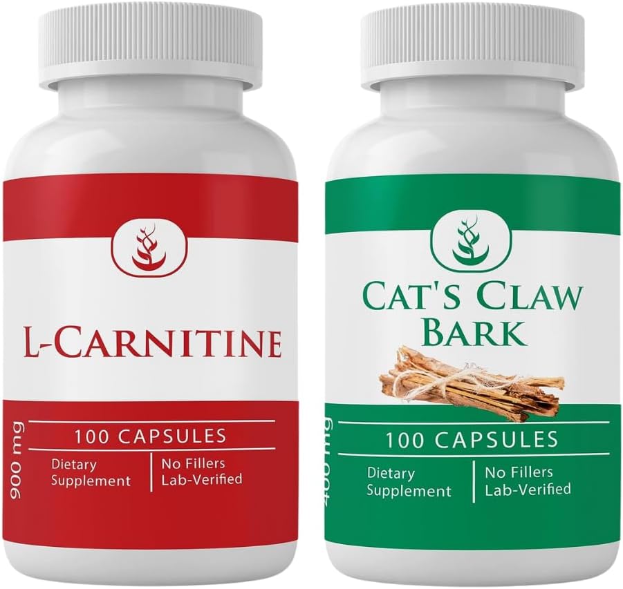 PURE ORIGINAL INGRÉDIENTS L-Carnitine et Cat's Claw Bark Bundle, 100 capsules chacune, toujours pure, aucun additif ou remplissage