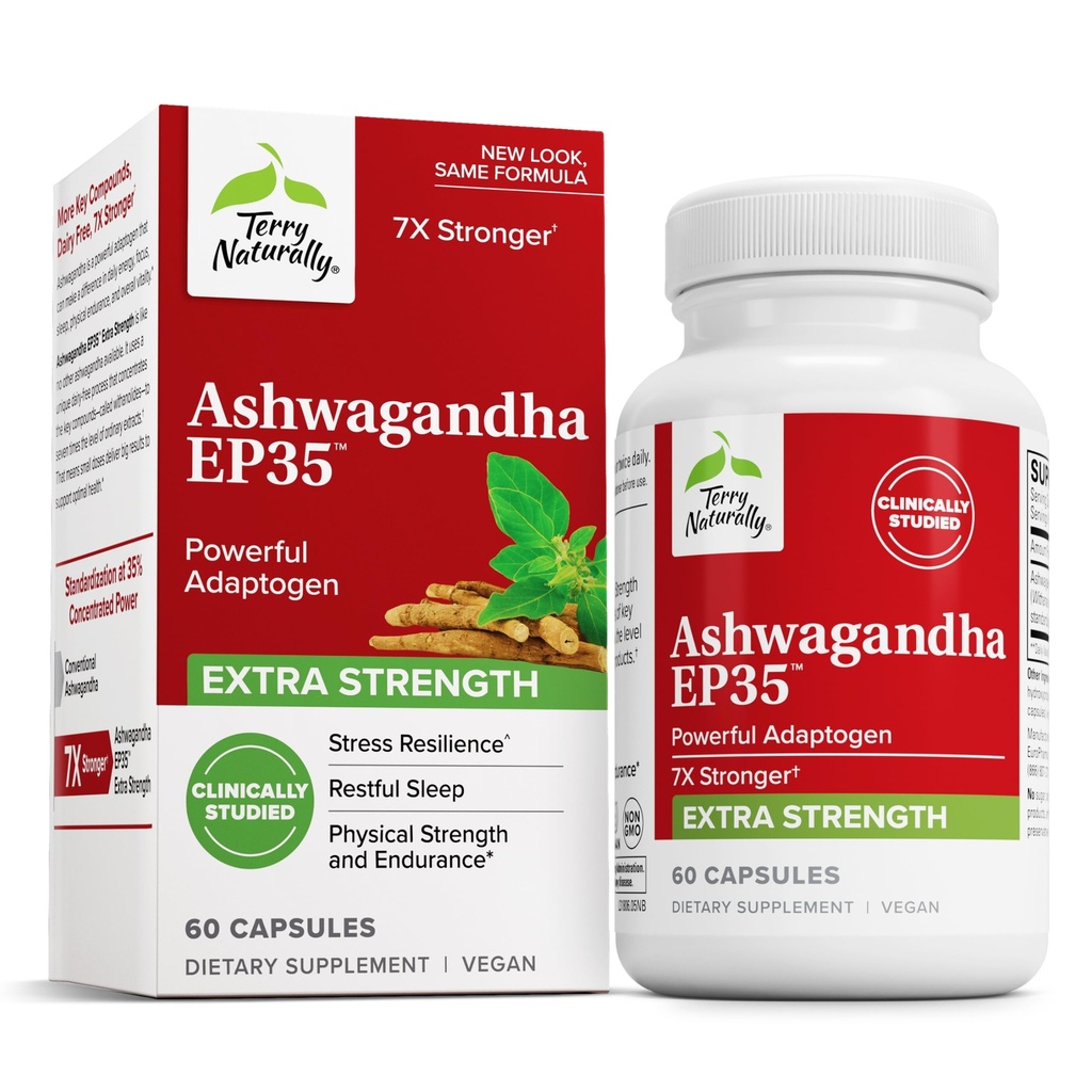 Terry Naturally Ashwagandha EP35 Extra Strength - Integratore a base di erbe per il supporto al sonno - Sospezione sana dello stress - Endurance & Energy Support - 60 Capsule (60 Serve)