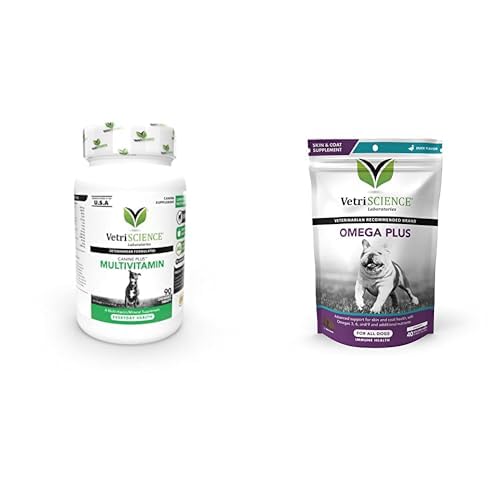 VetriScience Canine Plus MultiVitamin per cani, 90 compresse & Omega Plus Integratore avanzato della pelle per cani, 40 Chews