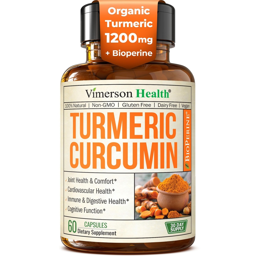 Kurkuma Ergänzung mit schwarzem Pfeffer Extrakt - Hohe Potenz Organische Kurkuma 1200mg & 95% Curcuminoide für Joint & Digestive Health - Joint Support Supplement - 60 Vegan Curcuma Kapseln