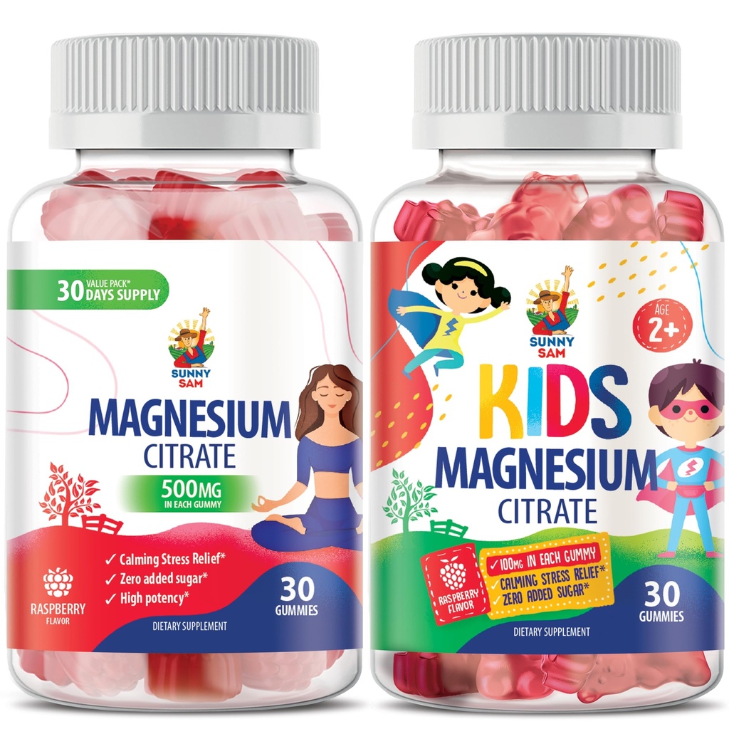 SUNNY SAM Gommies de magnésium pour les enfants 100mg et Gommies de magnésium pour les adultes - 500mg.
