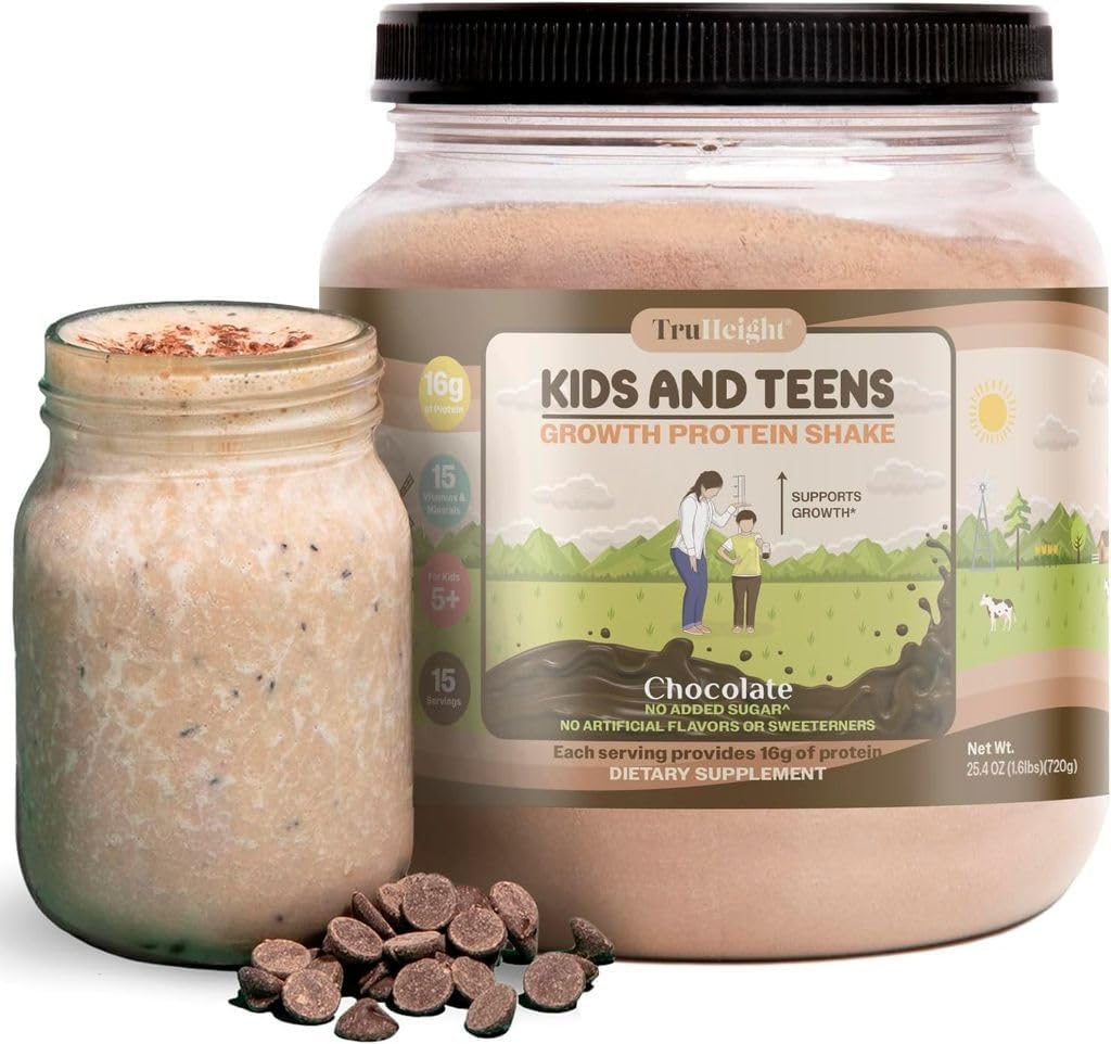 TruHeight Growth Protein Shake (Chocolate Milk Flavor, Whey) Croissance naturelle et développement Poudre de protéines pour les enfants et les adolescents - Boissons de gain de poids - approuvées par les pédiatres, Picky Eater Vitamine, 4 ans et plus