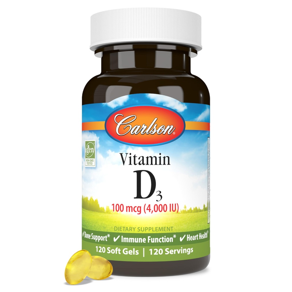 Carlson - Vitamina D3, 4000 IU (100 mcg), Integratori di vitamina D, Salute Bone & Immune, Integratore di colecalifero, Capsule di vitamina D senza glutine, 120 Softgels