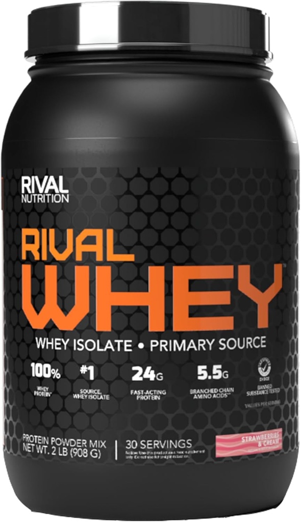 Rivalus Rivalwhey – Creme di fragola 2lb - 100% Whey Protein, Whey Protein Isolate Primary Source, Clean Nutritional Profile, BCAAs, No Banned Substances, Made in USA