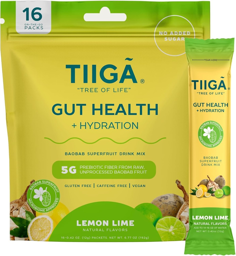 Tiiga Gut Health + Hydration Drink Mix – 7g Baobab, 5g Prebiotic Fiber, Electrolytes, No Dairy, Vegan, No Aggiunto Zucchero, Digestione, Regolarità, & costipazione – 16 Serve