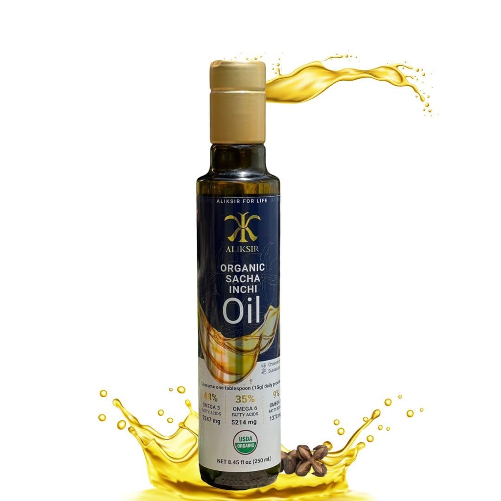 Huile Sacha Inchi biologique, graines amazoniennes – Extra vierge, 100% naturel, Oméga 3 (7247 mg), Oméga 6 (5214 mg), Oméga 9 (1370 mg), Cold Pressed with Vitamine E - antidioxidants qui vous aident cheveux, ongles et peau.