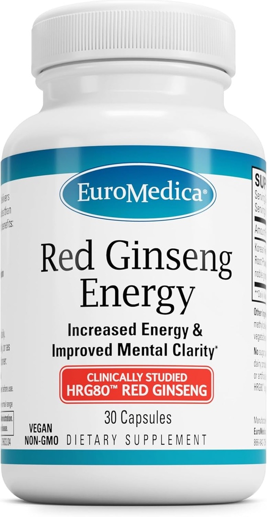 EuroMedica Red Ginseng Energy - Supplément pour soutenir l'énergie saine & Focus - Supplément à base de plantes avec poudre de racine coréenne de ginseng rouge - Comprimés végétaliens pour aider l'endurance saine - 30 capsules