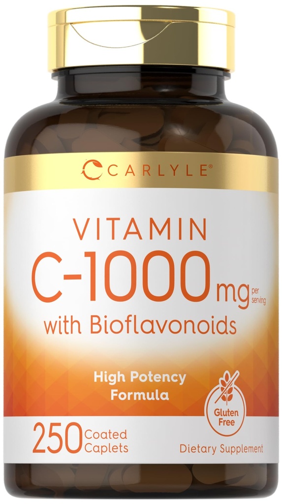 Carlyle Vitamin C 1000mg | con Rose Hips e Citrus Bioflavonoids | 250 Caplets | Vegetariano, Non OGM, Gluten