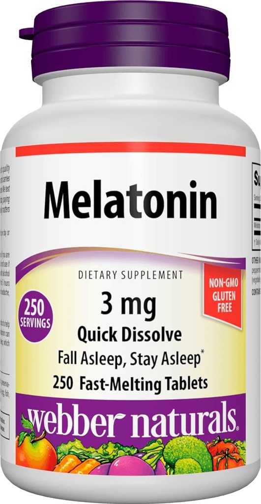 Webber Naturals Melatonin 3 mg, Easy Dissolve, 250 Tabletten, 100% Drug Free Sleep Aid for Adults, Gluten Free, Non-GMO, Geeignet für Vegetarier