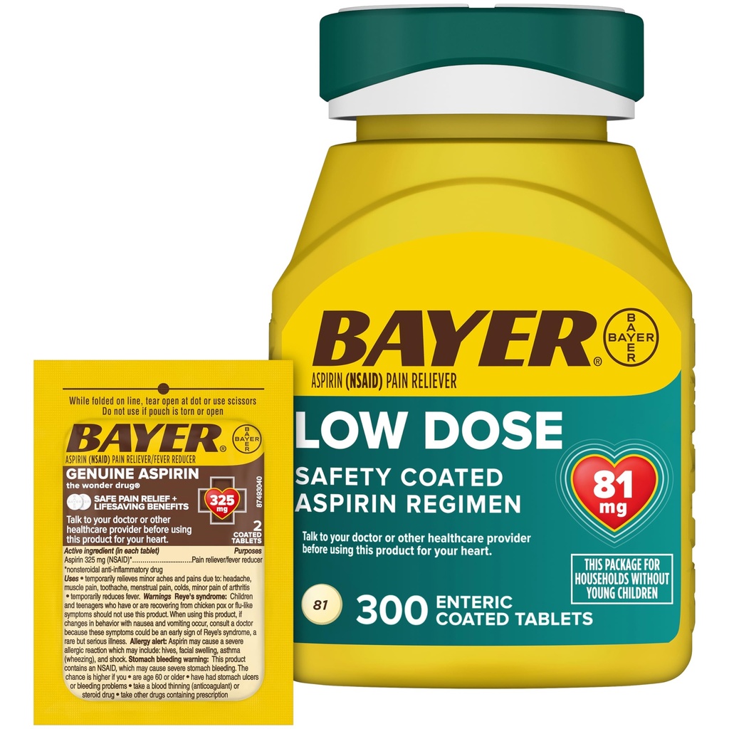 Bayer Aspirin 81mg Comprimés enrobés entériques 300ct et 2 Compter Pack de voyage d'Aspirine Véritable 325mg Comprimés entériques