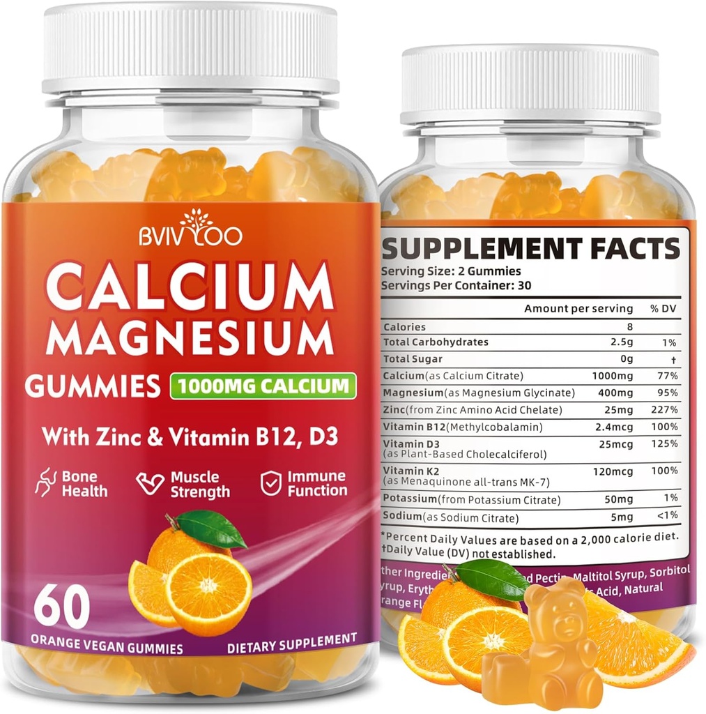 Calcium Gummies 1000mg con Vitamina D3 K2 & B Complex, Potassium, Calcio Magnesio Zinc Gummies per Bone, Muscolo, Mood e Immunità - Arancione Flavor 60 Gummies