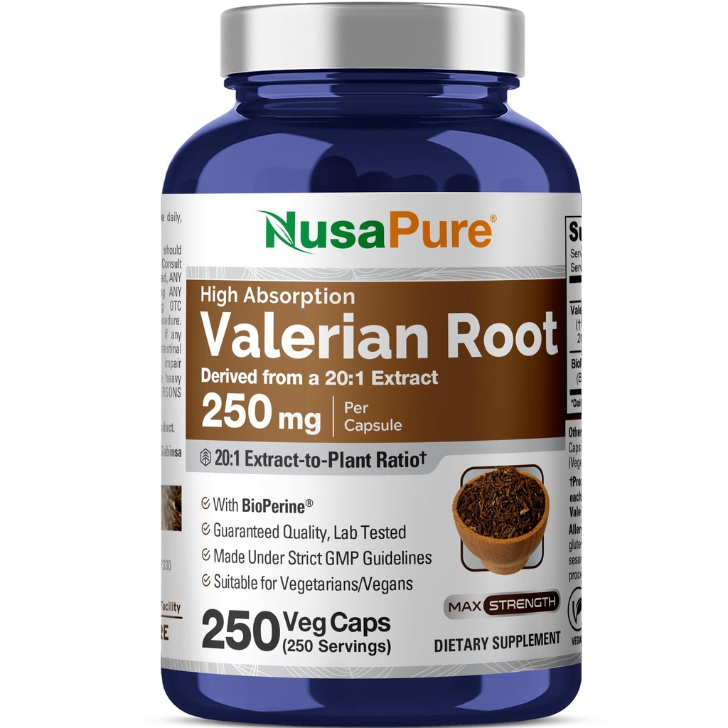 NusaPure Valerian Root 20:1 Extrakt, 250 mg Äquivalent zu 5000mg Pro Veggie Caps, 250 Count, Vegan, Non-GMO, Bioperine