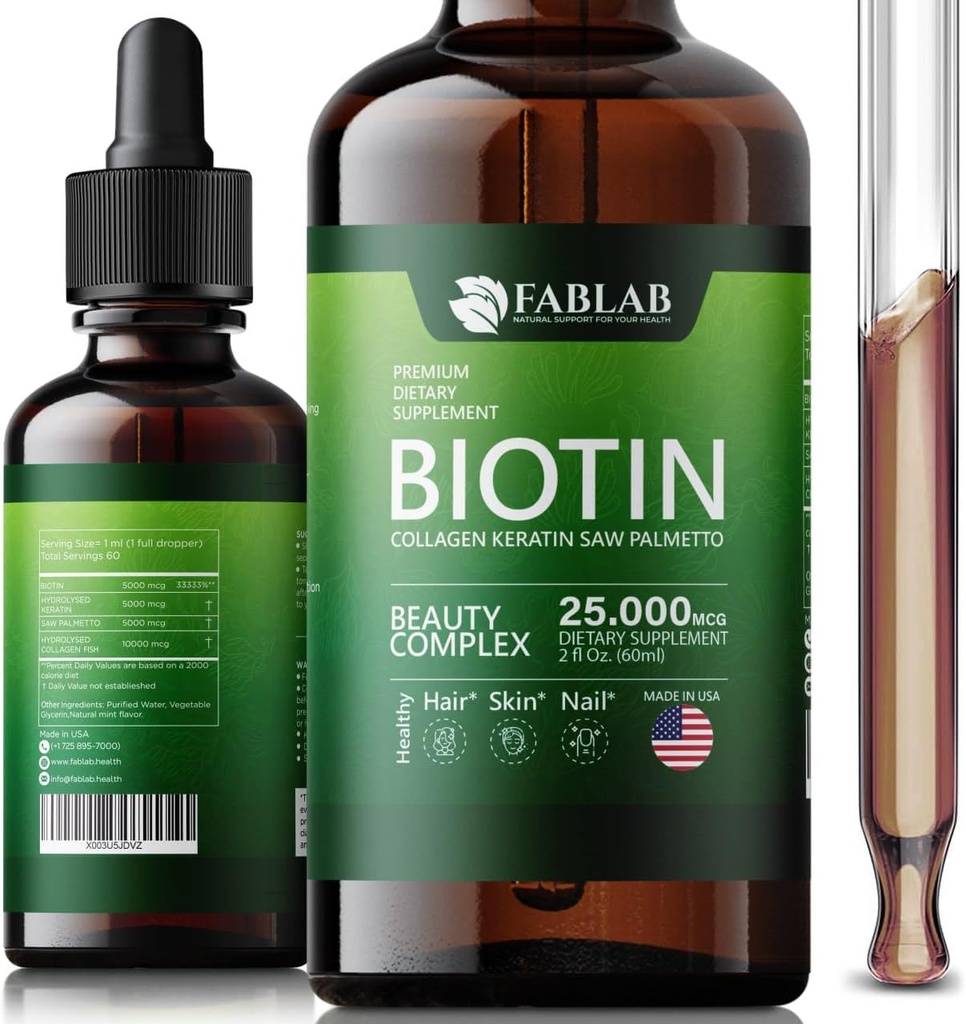 FabLab Biotin mit Collagen, Keratin und Saw Palmett 25000msg Extrakt - Gesunde Haare Haut und Nägel für Erwachsene, kein Füllstoff, kein Stearate-Anti Aging Collagen Vitamine für Männer & Frauen 2 Fl Oz