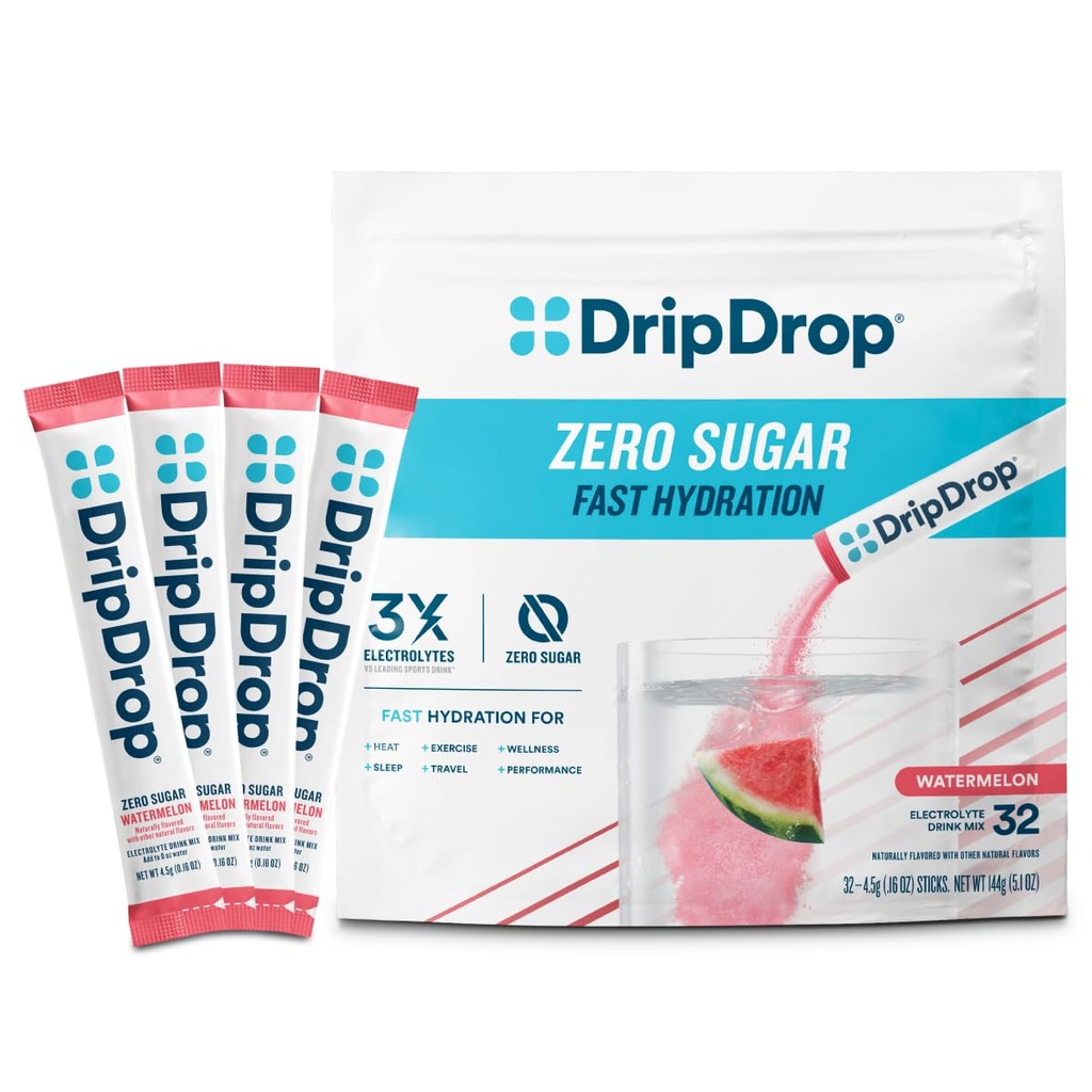 DripDrop Sugar Free Hydration Packets - Zero Watermelon - Single Serve Electrolytes Powder Drink Mix - Non OGM, Gluten Free, Vegan - 32 Stick