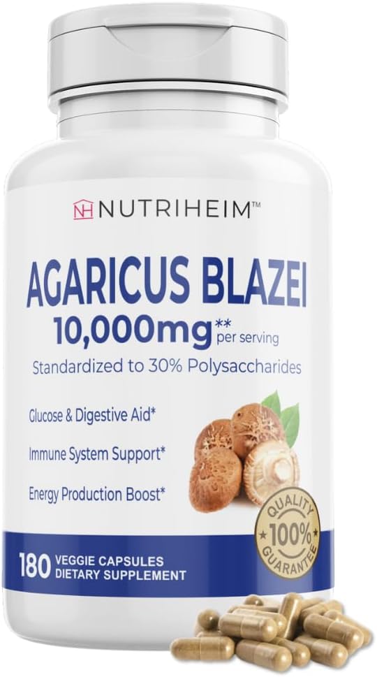 Agaricus Blazei Bio Pilzextrakt für Immun- und Energieunterstützung - 30% Polysaccharide & 180 Veggie Kapseln - Non-GMO, Glutenfrei, Vegan-Friendly Supplement