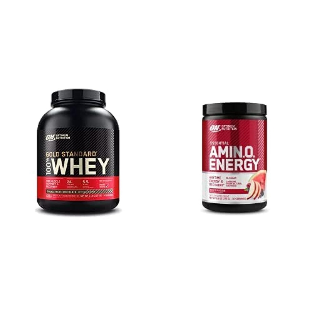 On Gold Standard 100% Whey Protein Primary Source Isolate - Double Rich Chocolate 74 Servings + ON Amino Energy - BCAA, Aminoacidi, Keto Friendly, Green Coffee Extract- Fruit Fusion, 30 Serve