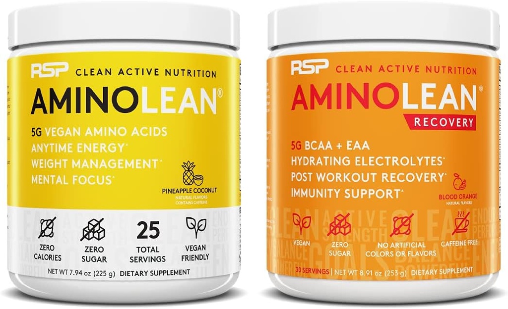 RSP NUTRITION Vegan AminoLean Énergie de pré-entraînement (Pineapple Coconut 25 portions) avec AminoLean Recovery Post Workout Boost (Blood Orange 30 portions)