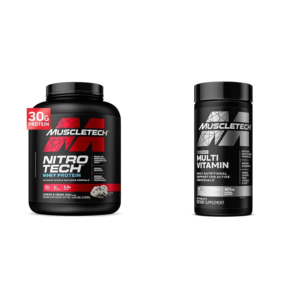Muscletech Whey Protein Powder & Multivitamin per il supporto immunitario - Nitro-Tech Muscle Building Formula con Whey Protein Isolate & Peptides, 30g Protein, 3g Creatine, 6.8g BCAAs e Platinum Multivitamin con 18 Vitamine & Minerali