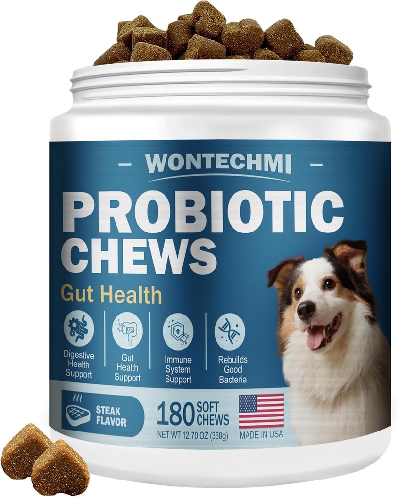 Probiotici per i cani, migliorare Itchy pelle orecchie prurito, salute del fegato, equilibrio del lievito, alleergie, immunità, probiotici del cane e enzimi digestivi con prebiotici, ridurre la diarrea (180 chews, bistecca)