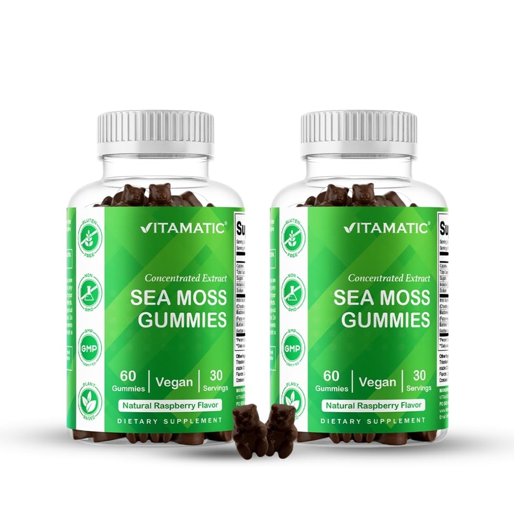 Vitamatic 2 Pack Irish Sea Moss Gummies – 3000 mg Équivalent par portion (132,5 mg Extrait) – 60 Compte – Fabriqué avec Bladderwrack & Burdock Root – Soutient la santé thyroïde, énergétique et immunitaire
