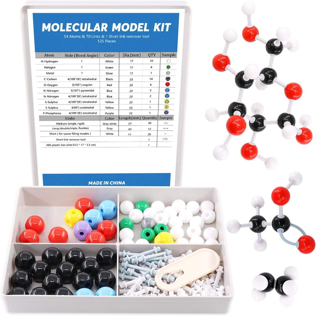 Kit modèle moléculaire Swpeet 125 Pcs pour professeur de modèles moléculaires inorganiques et organiques et kit étudiant de 16 ans et plus - 54 atomes et 70 liens et 1 outil de suppression de lien court - Jouets scientifiques