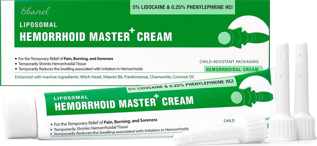 Ebanel 5% Lidocaine Hämorrhoid-Behandlungscreme mit Hexenhazel, Phenylephrin, Rosskastanie, Vitamin B6, Zinkoxid, Externe und innere Hämorrhoiden Behandlung Brennen Itch Schmerzen Relief Anal Cream