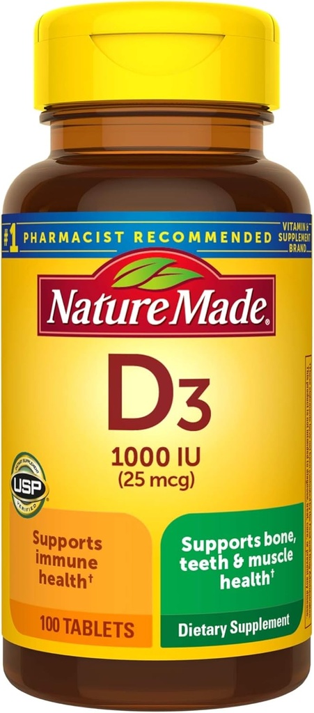 La vitamina D3, 100 compresse, vitamina D 1000 IU (25 mcg) aiuta a sostenere la salute immunitaria, le ossa forti e i denti, e la funzione muscolare, 125% del valore giornaliero per la vitamina D in una compressa quotidiana