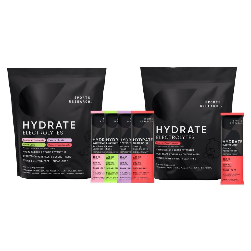 Recherche sportive Hydrate Electrolytes Combo Pack - Sans sucre et naturellement aromatisé avec des vitamines, des minéraux et de l'eau de coco - Supports Hydratation - 32 Packets - Cerise grenade Dominant Saveur