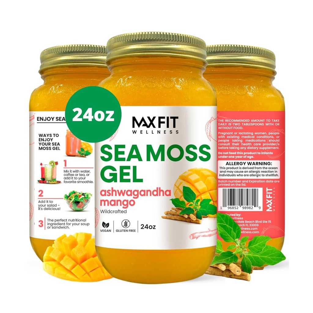 Sea Moss Gel Ashwagandha Mango (25 Flavors) 24oz Wilde bestrahlte Gold Sea Moss Gel aus Saint Lucia | 92 Vitamine und Mineralien | Pure Raw+Non-GMO