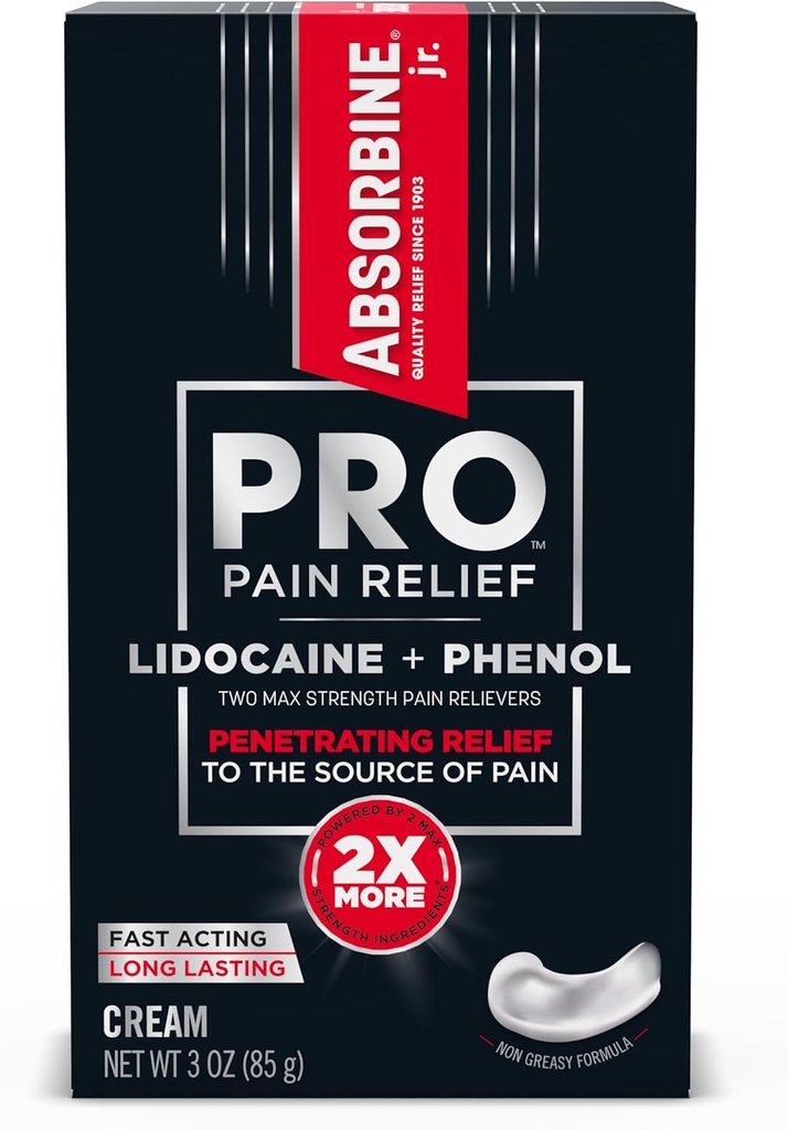 ABSORBINE JR. Absorbine Jr. PRO Max Strength Lidocaine crème, soulagement maximal de la douleur avec le phénol pour une action rapide de la douleur nerveuse, des douleurs musculaires et du malaise articulaire, formule non grasse, 3oz. Tube, 1