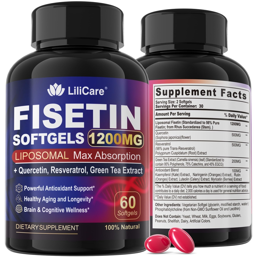 Fisetin-Ergänzung - Liposomal Super Absorption 98% Pure 1200mg mit Quercetin, Resveratrol, Grüner Teeextrakt für gesundes Altern & Langlebigkeit, Hautgesundheit, Gehirn & Antioxidans - 60 Softgels
