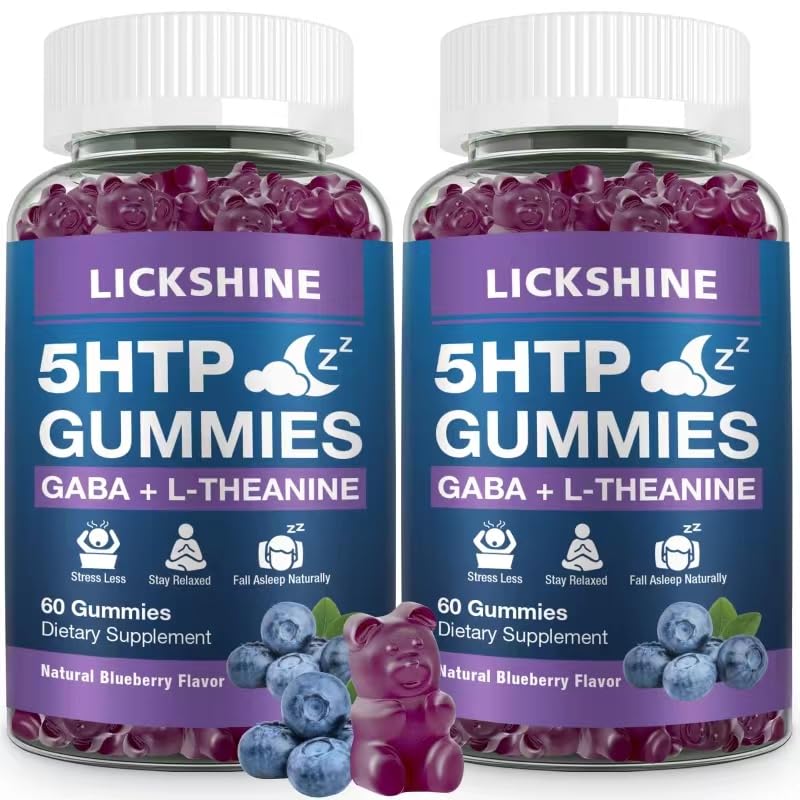 2 Pack 300MG 5-HTP GABA Sleep Supplement Gummies con 200 mg L-teanina Supplemento per cervello, stabilizzatore e supporto per il sonno, Melatonin-Free, Omega 3-6-9 per Zzz naturali, Blueberry Flavor