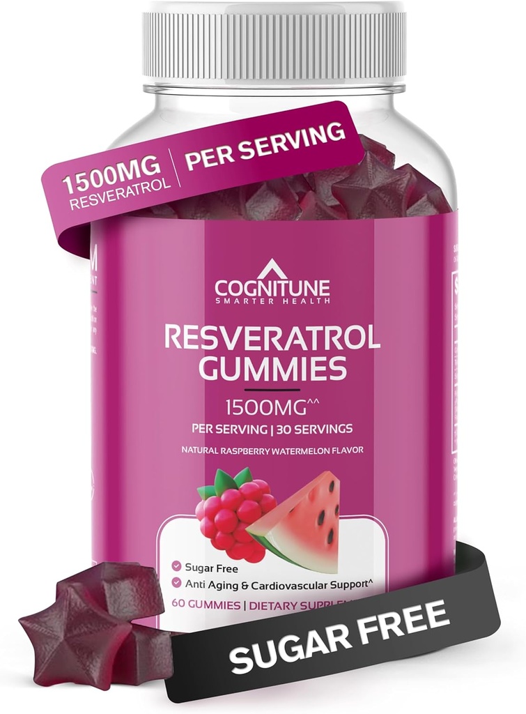Gummies CogniTune Resveratrolo – Supplemento antiossidante senza zucchero 1500mg per il cuore, il cervello e il supporto immunitario – potente antiinvecchiamento Trans Resveratrol Chews per la longevità e benessere