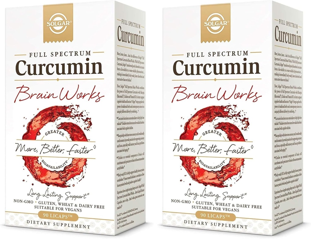 Solgar Full Spectrum Curcumin Brain Works, 90 Licaps - Support Memory Recall, Fokus, Kognitive Funktion - Antioxidante Unterstützung - Curcumin, BacoMind, Choline, Vitamin B12 - Non-GMO, Vegan - (Pack von 2)