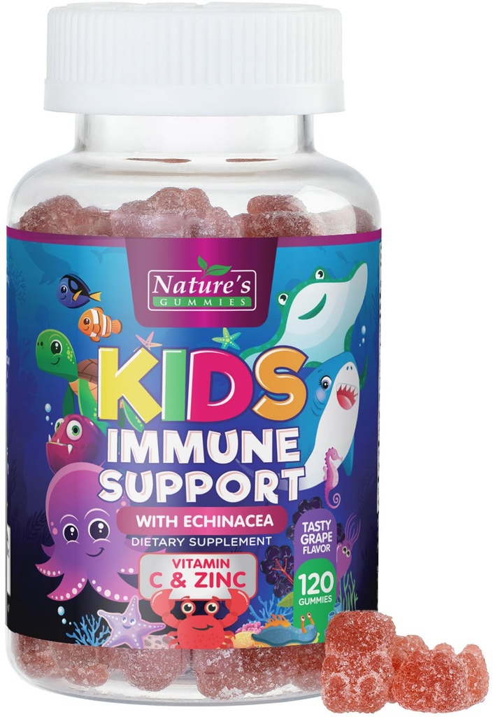 Supplément de soutien immunitaire pour enfants Gummies - Vitamines quotidiennes pour enfants C, Zinc & Echinacea - Gummy pour enfants Soutien immunitaire, 4 ans et plus, Berry Flavor naturel, non-OGM, sans gluten et végétalien - 120 Gummies