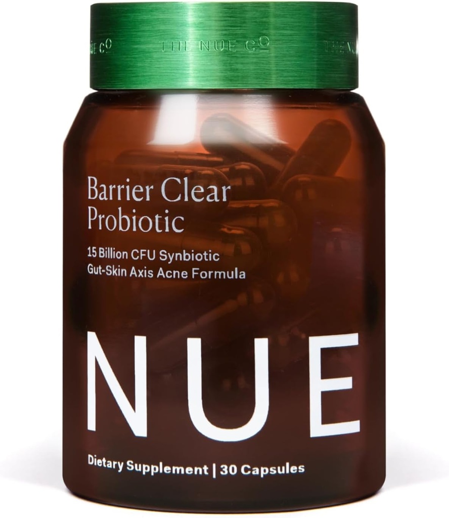 The Nue Co. Barrier Clear Probiotic, Gut-Skin Axis Acne Formula, for All Skin Types, 30 Capsules
