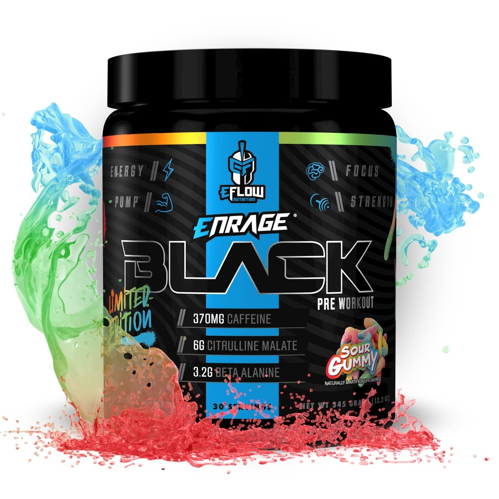 eFlow Nutrition Enrage Black High Stimulant Pre Workout Supplement - Preworkout Powder to Boost Energy, Pumps and Strength - 4 Flavors (30 Servierungen) (Sour Gummy)
