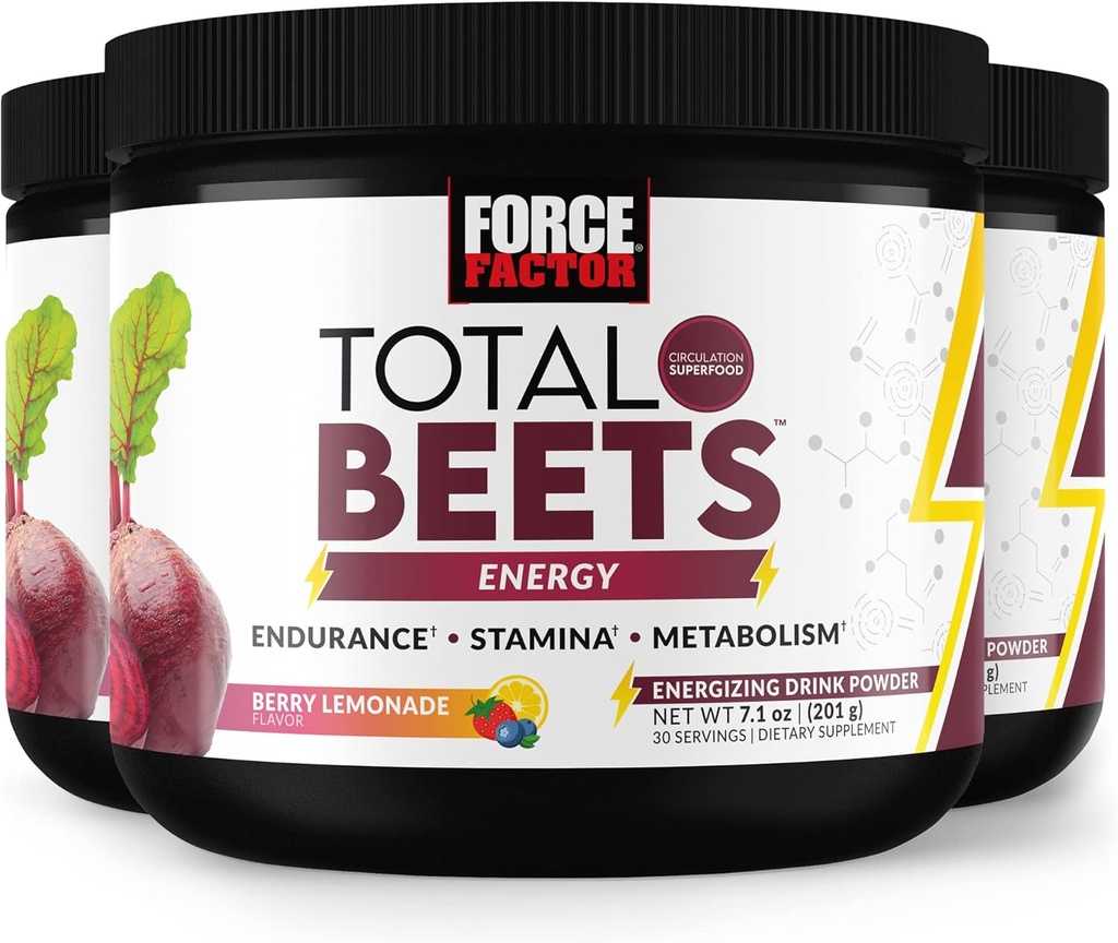 FORCE FACTOR Total Beets Energy Drink Mix 3-Pack, Superfood Beet Root Powder, Nitrate to Boost Energy, Unterstützung Zirkulation, Blutfluss, Nitric Oxide und Stamina, Herzgesundheitsergänzung, 90 Servierungen