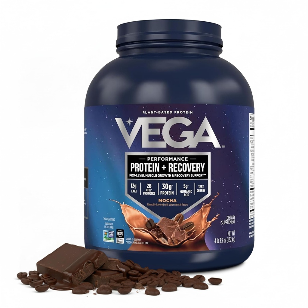 Vega Sport Vegan Protein Powder + Recovery - 30g Plant Based Protein per Serving, Mocha, 45 Servings, 5g BCAAs, Probiotics, NSF Certified, per Shakes & Smoothies, 4.2lbs (Packaging May Vary)