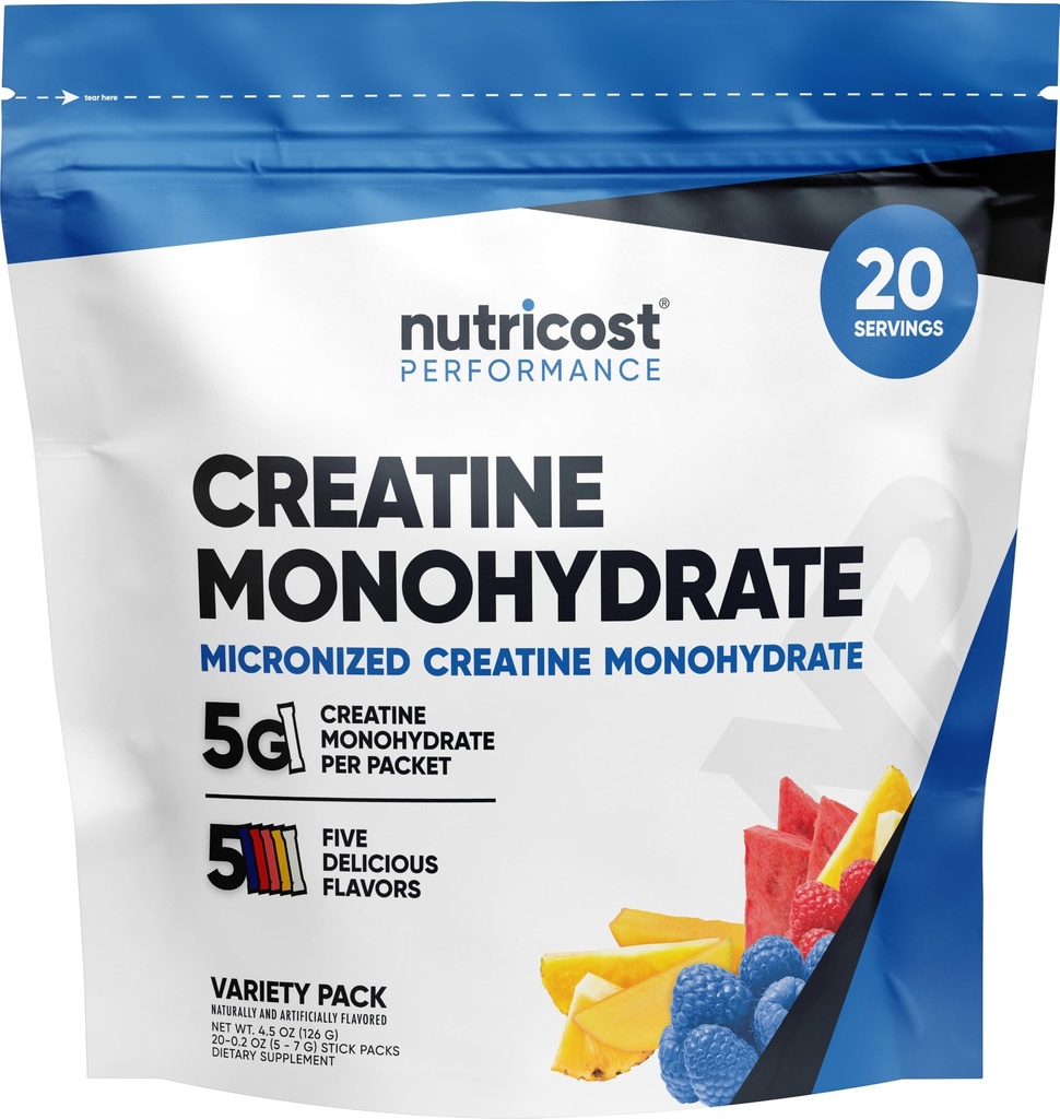 Nutricost Creatine Monohydrat Pulver Vielfalt Stickpacks (5 Flavors, 20 Servierungen) - Micronized, 5 Gramm Creatine Monohydrate pro Pack