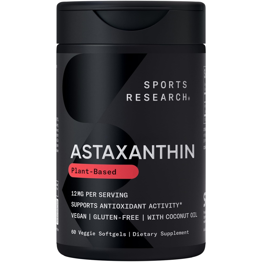 Sportforschung Triple Strength Vegan Astaxanthin Supplement von Algae - Pflanzenbasierte Softgele für Antioxidante Aktivität, Haut und Augengesundheit - Non-GMO Verified, Made with Coconut Oil - 12mg, 60 Count