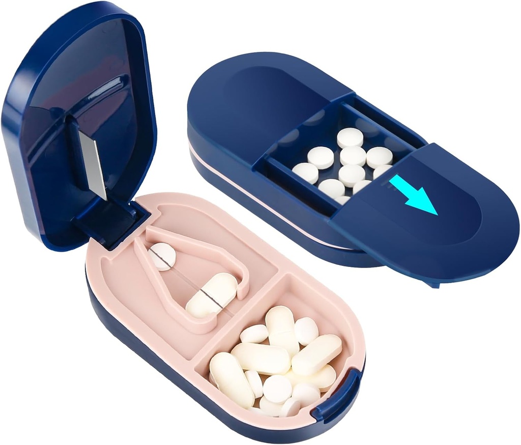 LEAFTOL Pille Cutter, Tragbare Pille Splitter 2-in-1 Pille Case mit Edelstahl Klinge, für kleine oder große Vitamine Tabletten, Schneiden Pillen mit Mini Pille Organizer Compartment – Blau