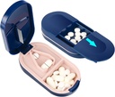 Cutter à pilules LEAFTOL, étui à pilules 2-en-1 avec lame en acier inoxydable, pour comprimés de vitamines petites ou grandes, pilules coupées avec mini compartiment organisateur de pilules – Bleu