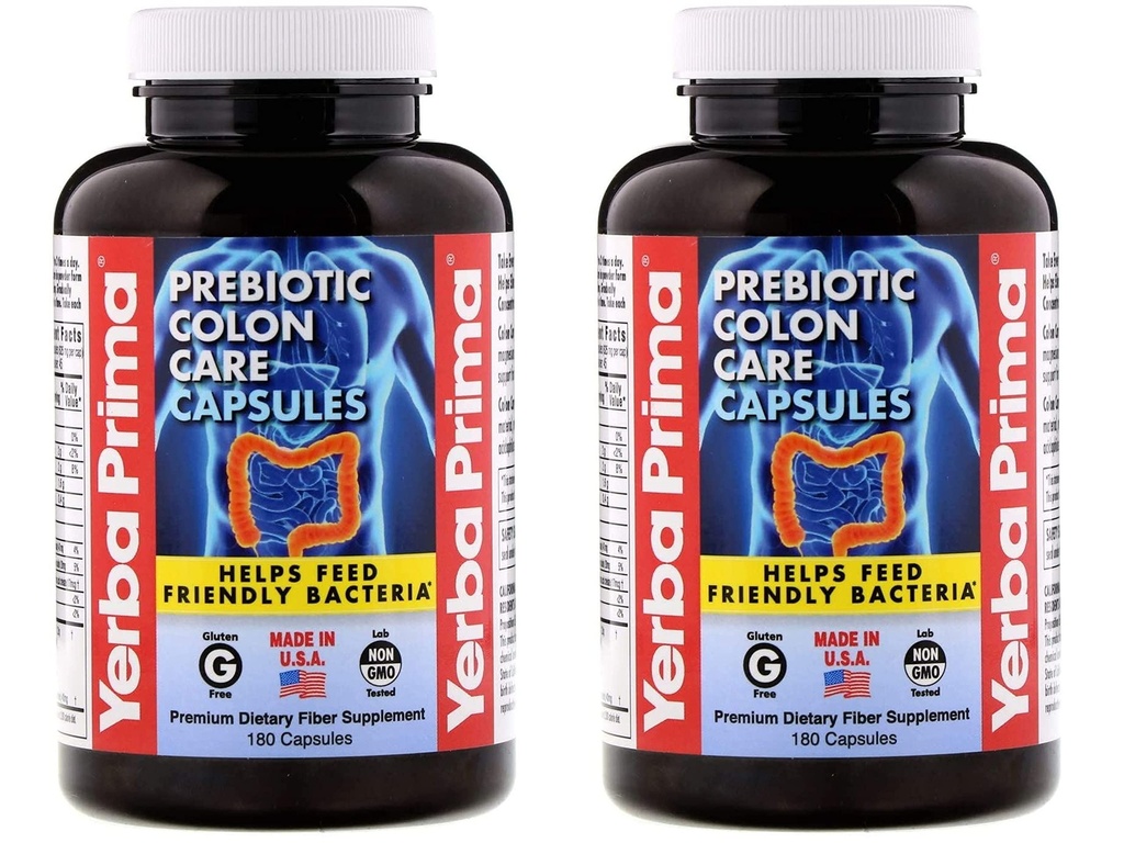 Yerba Prima Prebiotic Colon Care Capsules - 180 Compte (paquet de 2), sans gluten, fabriqués fièrement aux États-Unis, sans OGM, soluble et fibre insoluble, soutient un colon en bonne santé