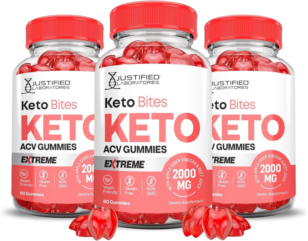 Laboratoires justifiés (3 Pack Keto Bits Keto ACV Gummies Extreme 2000MG Keto Bits Keto Gummies vinaigre de cidre de pomme préparé avec du jus de pomme de grenade poudre B12 Vegan Non OGM 180 Gummys