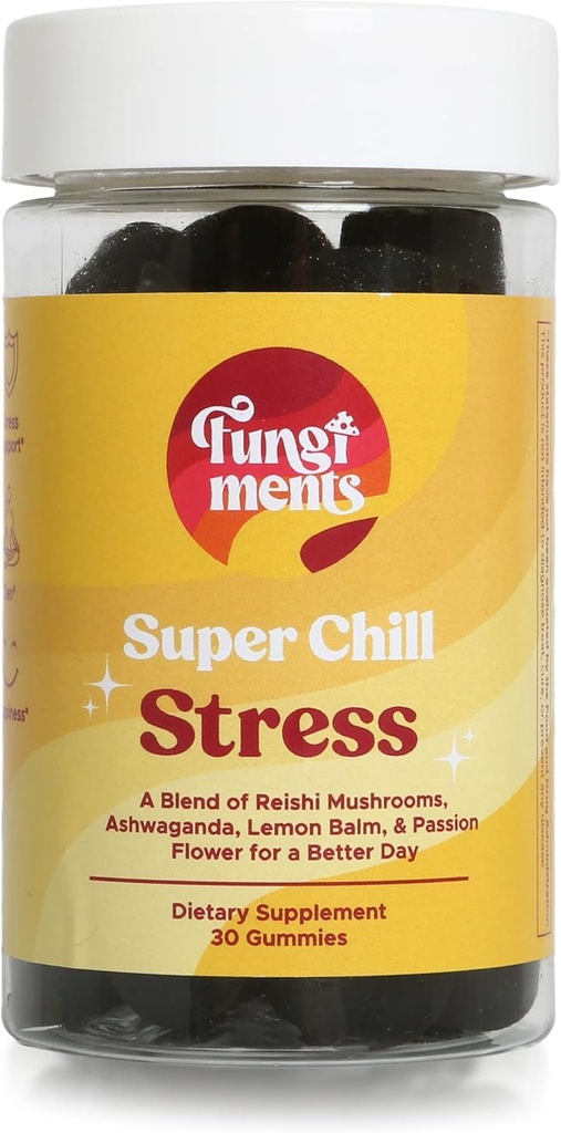 Fungiments Super Chill - Pilz-Ergänzung - Reishi Pilz, Ashwagandha, Cortizol, L-Theanin, Passion Flower - Weniger Stress und besser Schlaf (30 Mushroom Gummis)