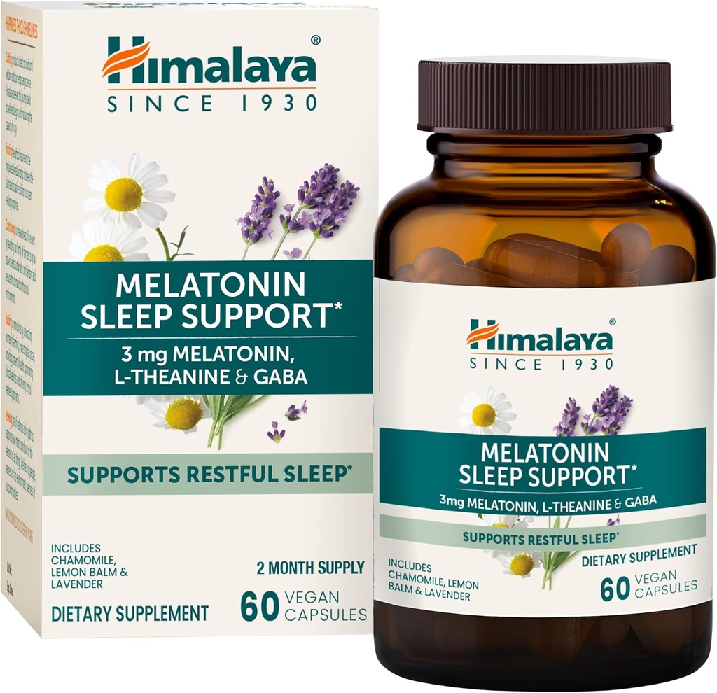 Himalaya Melatonin Schlaf-Unterstützung mit GABA, L-Theanine und Melatonin 3mg für Schlaf-Unterstützung und Schlaflosigkeit, 60 Kapseln, 2 Monate Versorgung