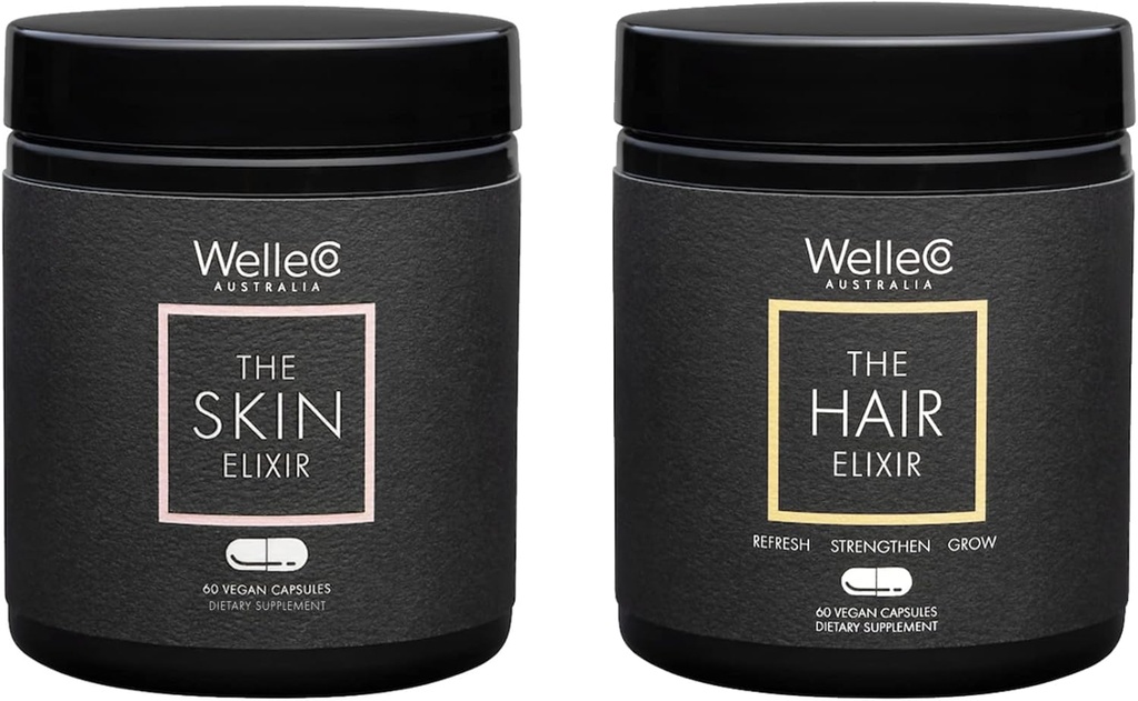 WelleCo, The Skin Elixir + The Hair Elixir, Vegan Beauty Supplements Bundle, promuove la crescita dei capelli e riduce la rottura, supporta la formazione sana della pelle e del collage, 60 capsule ogni