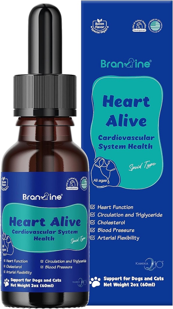 Salute del sistema cardiovascolare liquido vivo per cani e gatti-Norvegia Fish Oil, Coenzyme Q10, Vitamina K2, Policosanol, Estratto di bacche di biancospino, Vegan Bacon Flavor (60ml)